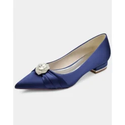 Elegant Satin Blue Wedding Flats for Women with Crystal Accent – Comfortable Low Heel, Pointed Toe Bridal Shoes for Formal Events