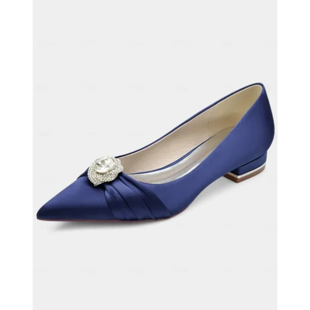 Elegant Satin Blue Wedding Flats for Women with Crystal Accent – Comfortable Low Heel, Pointed Toe Bridal Shoes for Formal Events