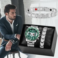 Elegant Silver Quartz Watch with Calendar Male Practical Valentine's Day Gift for Husband Boyfriend Detachable Bracelet Gift Box New Year Christmas Gift