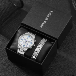Elegant Silver Quartz Watch with Calendar Male Practical Valentine's Day Gift for Husband Boyfriend Detachable Bracelet Gift Box New Year Christmas Gift
