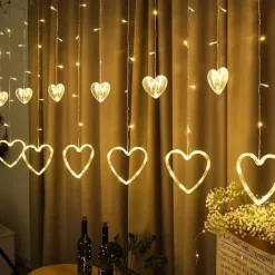 Elegant Wedding Party Reception LED Heart-Shaped Curtain String Lights – 126 LEDs Battery & USB Powered 8 Flashing Modes for Valentine's Day Window Decor
