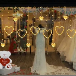 Elegant Wedding Party Reception LED Heart-Shaped Curtain String Lights – 126 LEDs Battery & USB Powered 8 Flashing Modes for Valentine's Day Window Decor
