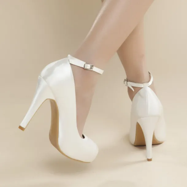 Elegant White Satin Ankle Strap High Heels – Classic Bridal Pumps for Weddings, Formal Events & Evening Parties
