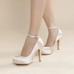 Elegant White Satin Ankle Strap High Heels – Classic Bridal Pumps for Weddings, Formal Events & Evening Parties