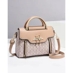 Elegant Women's Beige Crossbody Handbag – Luxury Monogram Design with Heart Pendant & Top Handle