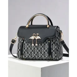 Elegant Women's Beige Crossbody Handbag – Luxury Monogram Design with Heart Pendant & Top Handle