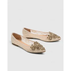 Elegant Women's Beige Lace Ballet Flats with Ornate Rhinestone Embellishments – Perfect for Weddings and Formal Events