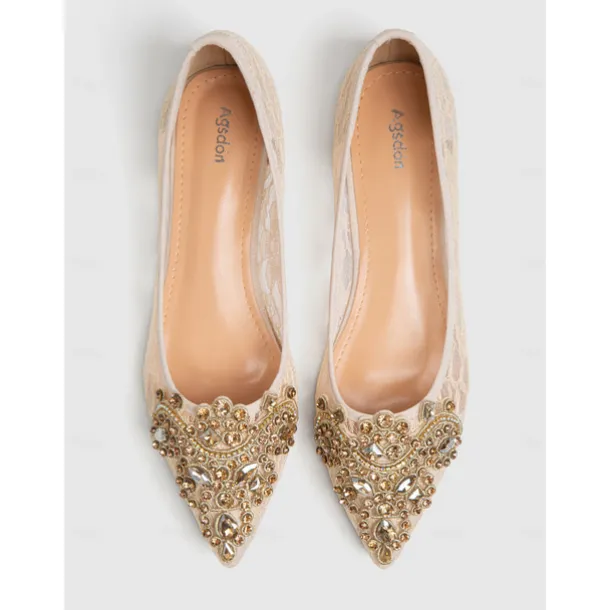 Elegant Women's Beige Lace Ballet Flats with Ornate Rhinestone Embellishments – Perfect for Weddings and Formal Events