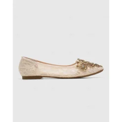 Elegant Women's Beige Lace Ballet Flats with Ornate Rhinestone Embellishments – Perfect for Weddings and Formal Events