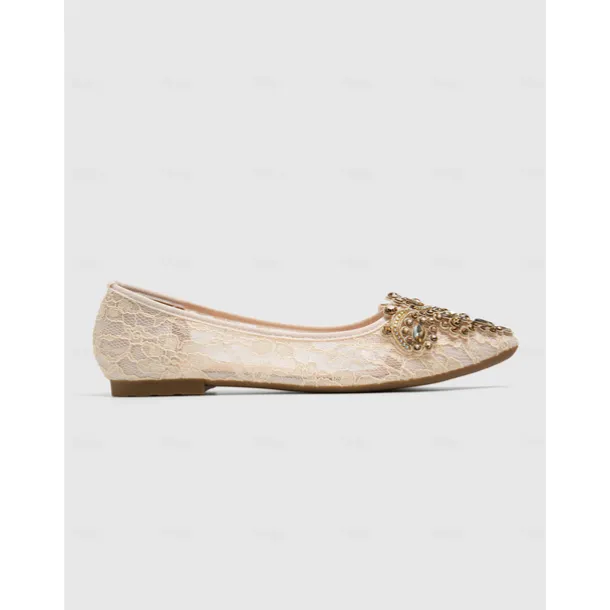 Elegant Women's Beige Lace Ballet Flats with Ornate Rhinestone Embellishments – Perfect for Weddings and Formal Events