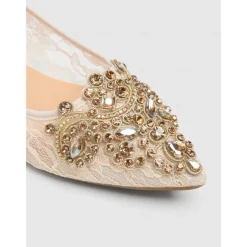 Elegant Women's Beige Lace Ballet Flats with Ornate Rhinestone Embellishments – Perfect for Weddings and Formal Events