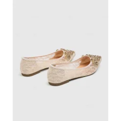 Elegant Women's Beige Lace Ballet Flats with Ornate Rhinestone Embellishments – Perfect for Weddings and Formal Events