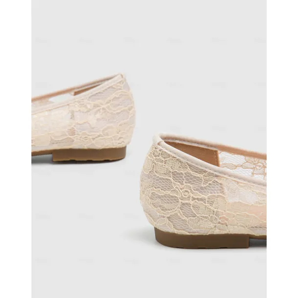 Elegant Women's Beige Lace Ballet Flats with Ornate Rhinestone Embellishments – Perfect for Weddings and Formal Events
