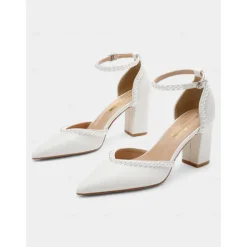 Elegant Women's Pearl-Embellished Wedding Heels, Pointed Toe Ankle Strap Ivory Block Pumps for Bridal and Formal Events