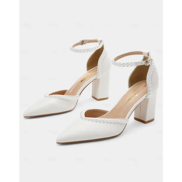 Elegant Women's Pearl-Embellished Wedding Heels, Pointed Toe Ankle Strap Ivory Block Pumps for Bridal and Formal Events