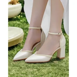 Elegant Women's Pearl-Embellished Wedding Heels, Pointed Toe Ankle Strap Ivory Block Pumps for Bridal and Formal Events