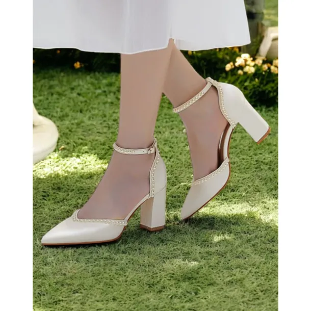 Elegant Women's Pearl-Embellished Wedding Heels, Pointed Toe Ankle Strap Ivory Block Pumps for Bridal and Formal Events