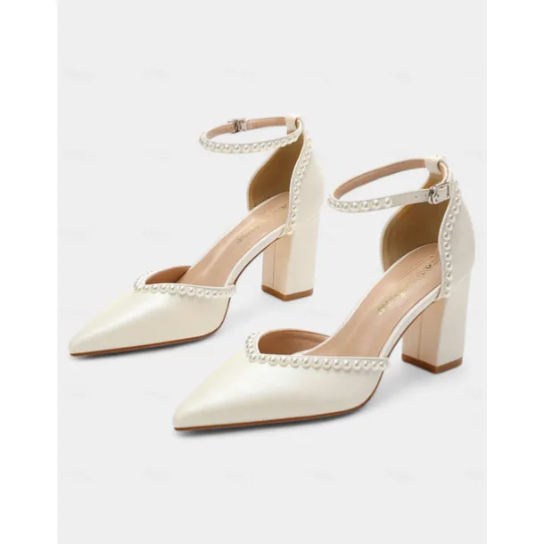 Elegant Women's Pearl-Embellished Wedding Heels, Pointed Toe Ankle Strap Ivory Block Pumps for Bridal and Formal Events