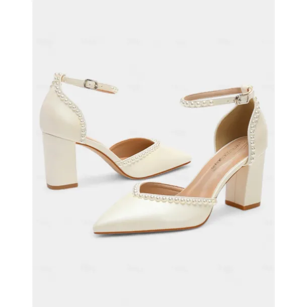 Elegant Women's Pearl-Embellished Wedding Heels, Pointed Toe Ankle Strap Ivory Block Pumps for Bridal and Formal Events