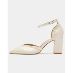 Elegant Women's Pearl-Embellished Wedding Heels, Pointed Toe Ankle Strap Ivory Block Pumps for Bridal and Formal Events