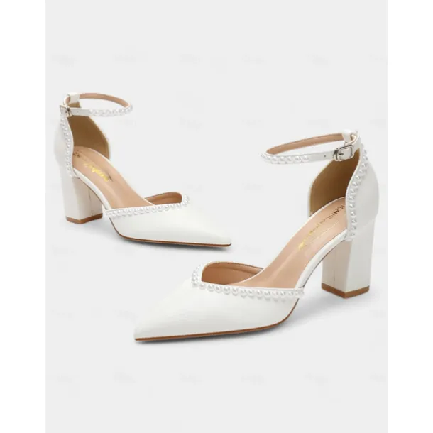 Elegant Women's Pearl-Embellished Wedding Heels, Pointed Toe Ankle Strap Ivory Block Pumps for Bridal and Formal Events