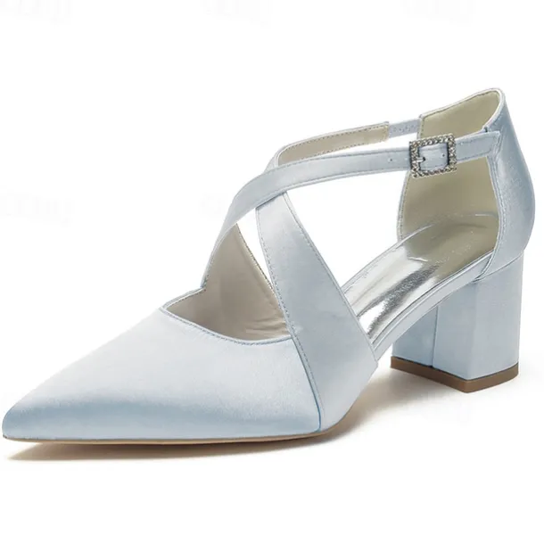 Elegant Women's White Satin Pointed Toe Block Heels – Crisscross Strap Design for Weddings, Formal Parties, and Special Occasions