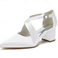 Elegant Women's White Satin Pointed Toe Block Heels – Crisscross Strap Design for Weddings, Formal Parties, and Special Occasions
