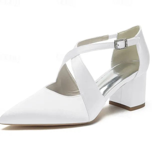 Elegant Women's White Satin Pointed Toe Block Heels – Crisscross Strap Design for Weddings, Formal Parties, and Special Occasions