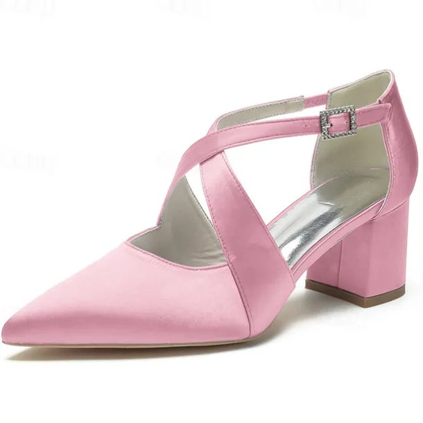Elegant Women's White Satin Pointed Toe Block Heels – Crisscross Strap Design for Weddings, Formal Parties, and Special Occasions