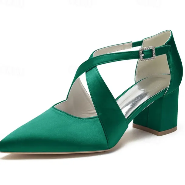 Elegant Women's White Satin Pointed Toe Block Heels – Crisscross Strap Design for Weddings, Formal Parties, and Special Occasions