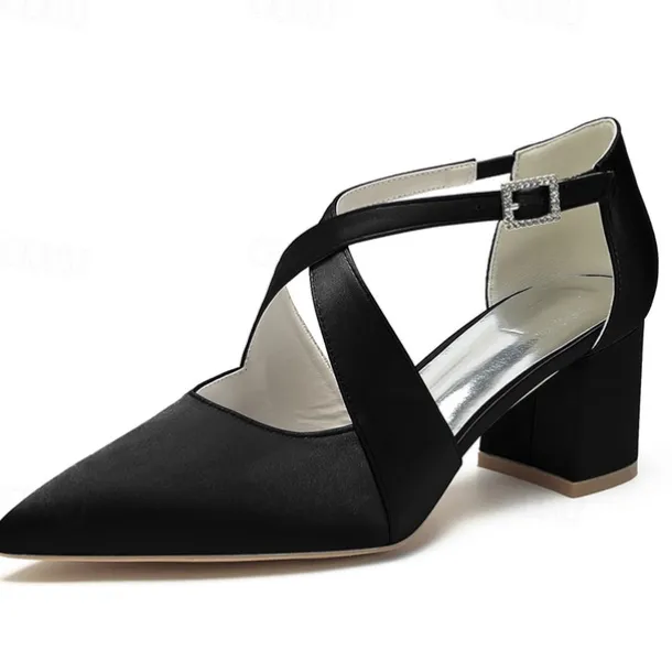 Elegant Women's White Satin Pointed Toe Block Heels – Crisscross Strap Design for Weddings, Formal Parties, and Special Occasions