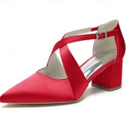 Elegant Women's White Satin Pointed Toe Block Heels – Crisscross Strap Design for Weddings, Formal Parties, and Special Occasions