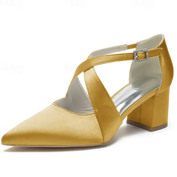 Elegant Women's White Satin Pointed Toe Block Heels – Crisscross Strap Design for Weddings, Formal Parties, and Special Occasions