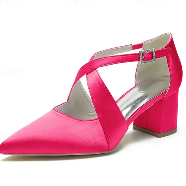 Elegant Women's White Satin Pointed Toe Block Heels – Crisscross Strap Design for Weddings, Formal Parties, and Special Occasions