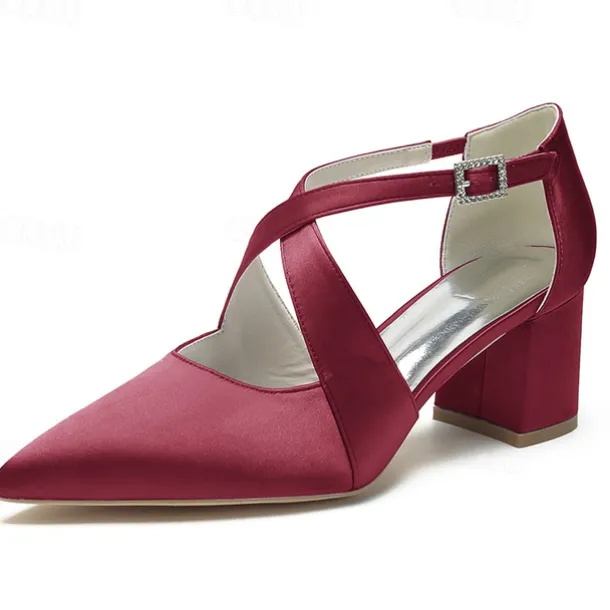 Elegant Women's White Satin Pointed Toe Block Heels – Crisscross Strap Design for Weddings, Formal Parties, and Special Occasions