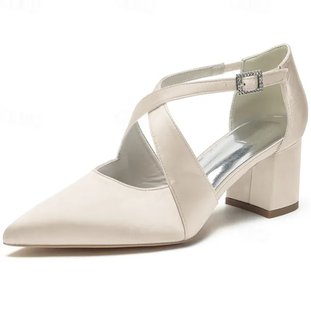 Elegant Women's White Satin Pointed Toe Block Heels – Crisscross Strap Design for Weddings, Formal Parties, and Special Occasions