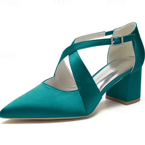 Elegant Women's White Satin Pointed Toe Block Heels – Crisscross Strap Design for Weddings, Formal Parties, and Special Occasions