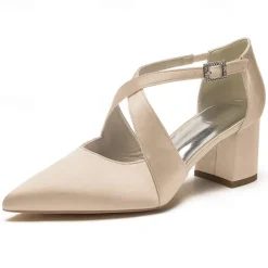 Elegant Women's White Satin Pointed Toe Block Heels – Crisscross Strap Design for Weddings, Formal Parties, and Special Occasions