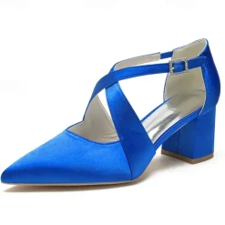 Elegant Women's White Satin Pointed Toe Block Heels – Crisscross Strap Design for Weddings, Formal Parties, and Special Occasions