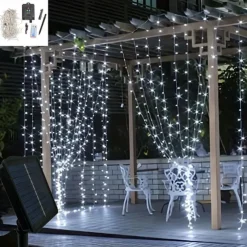 Elegant Wedding Reception Party Outdoor Solar LED String Lights, USB Charging Curtain Fairy Lights 3*3m, Christmas Icicle String Lights Waterfall Lamp Wedding Room Garland Garden Outdoor Decor