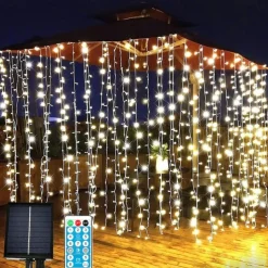Elegant Wedding Reception Party Outdoor Solar LED String Lights, USB Charging Curtain Fairy Lights 3*3m, Christmas Icicle String Lights Waterfall Lamp Wedding Room Garland Garden Outdoor Decor