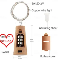 Elegant Wedding Reception Party 30pcs/10pcs LED Wine Bottle String Lights with Cork, 1m/2m 20 LEDs, Battery-Powered Bottle Lights for Party Wedding Christmas Halloween Bar Decor Lamp