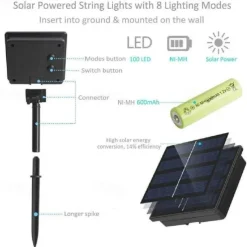 Elegant Wedding Reception Party Outdoor Solar LED String Lights Wedding Decoration 10M 33ft 100 LED 8 Lighting Modes Waterproof Fairy Lights Garden Christmas Wedding Birthday Party Holiday Decoration