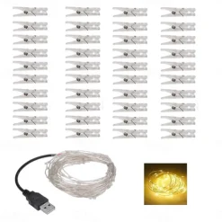 Elegant Wedding Reception Party Photo Clip LED String Lights 5M with 40 Clips for Dorm Party Garland Fairy Lights Christmas Decoration Party Wedding Bedroom Wall Bar Cabinet USB Powered