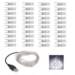 Elegant Wedding Reception Party Photo Clip LED String Lights 5M with 40 Clips for Dorm Party Garland Fairy Lights Christmas Decoration Party Wedding Bedroom Wall Bar Cabinet USB Powered