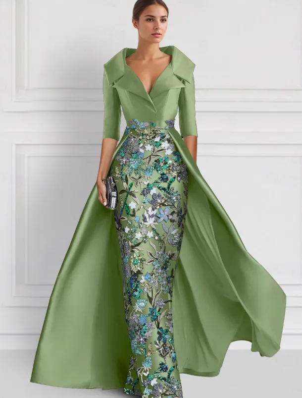 Embroidered Floral Ball Gown A-Line Evening Gown Elegant Dress Formal Wedding Floor Length Half Sleeve Shirt Collar Satin with Slit Appliques