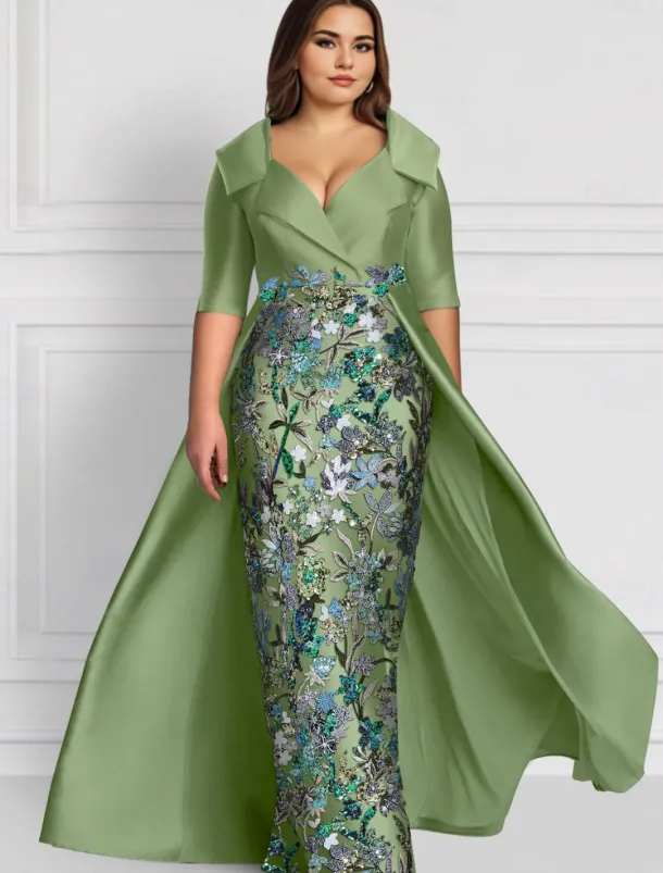 Embroidered Floral Ball Gown A-Line Evening Gown Elegant Dress Formal Wedding Floor Length Half Sleeve Shirt Collar Satin with Slit Appliques
