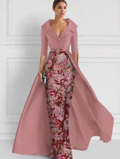 Embroidered Floral Ball Gown A-Line Evening Gown Elegant Dress Formal Wedding Floor Length Half Sleeve Shirt Collar Satin with Slit Appliques