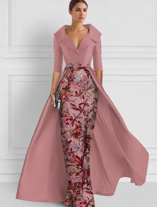 Embroidered Floral Ball Gown A-Line Evening Gown Elegant Dress Formal Wedding Floor Length Half Sleeve Shirt Collar Satin with Slit Appliques