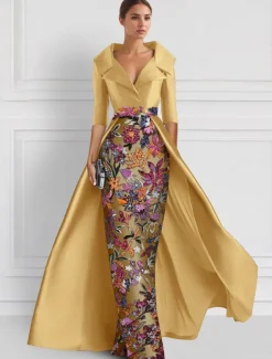 Embroidered Floral Ball Gown A-Line Evening Gown Elegant Dress Formal Wedding Floor Length Half Sleeve Shirt Collar Satin with Slit Appliques